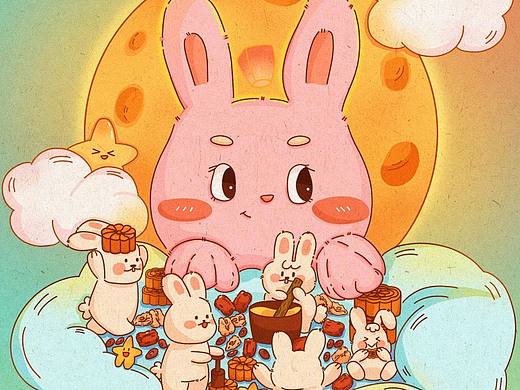 中秋主题插画-玉兔做月饼