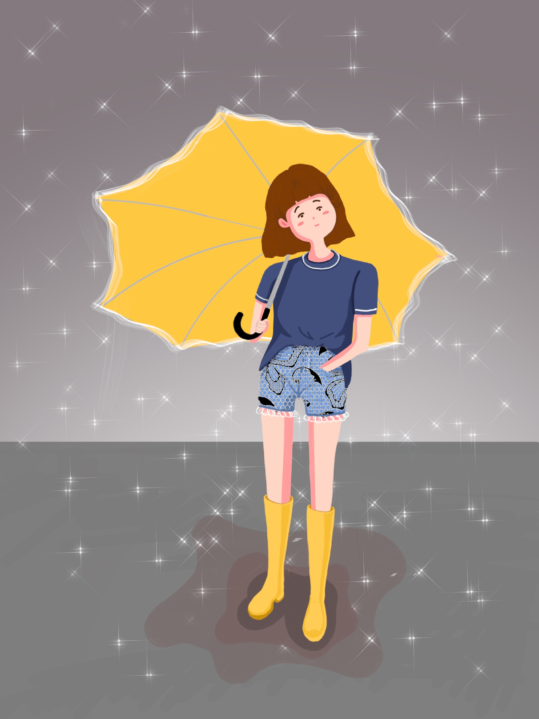 夏天雨中打伞的女孩插画图片-千库网