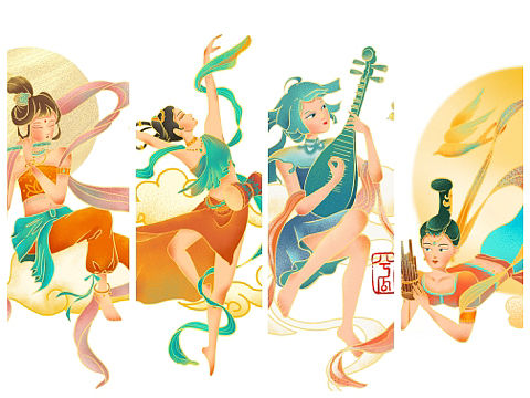 国风插画-敦煌飞天-国风乐器