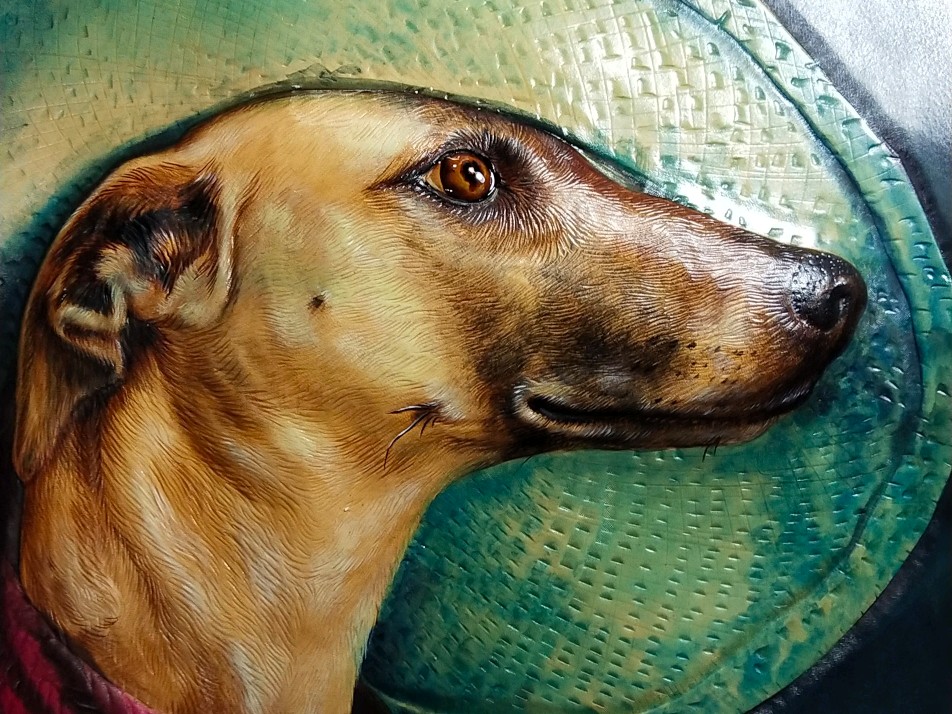 孟璐璐手工皮雕工作室-惠比特犬肖像皮雕