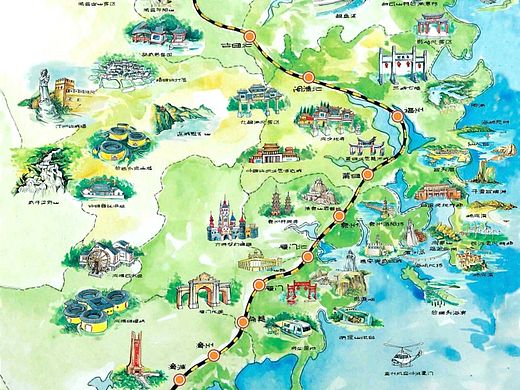 福建省内高铁旅游手绘地图创作绘制