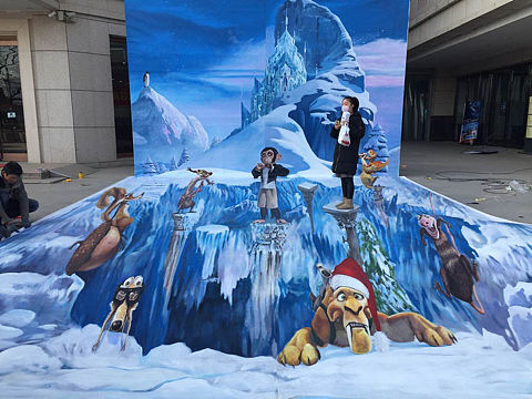 京美视觉-圣诞节经典冰雪奇幻3D墙地立体画设计创意构思