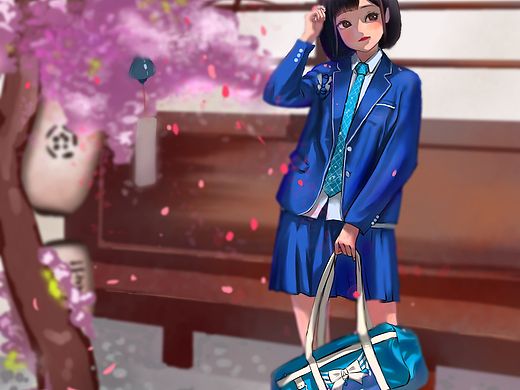 照片人物场景绘画练习   [樱花树下盛开的少女]