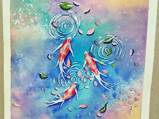 鱼戏莲叶间水彩