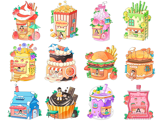 一些卡通零食人物场景插画