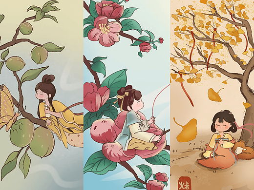春夏秋冬四个季节插画设计