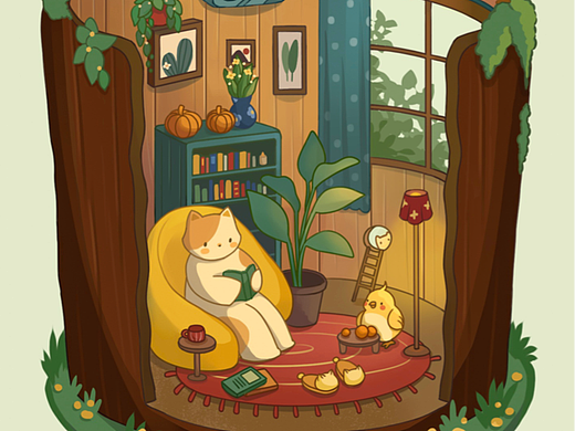 猫咪树洞-温馨微场景插画