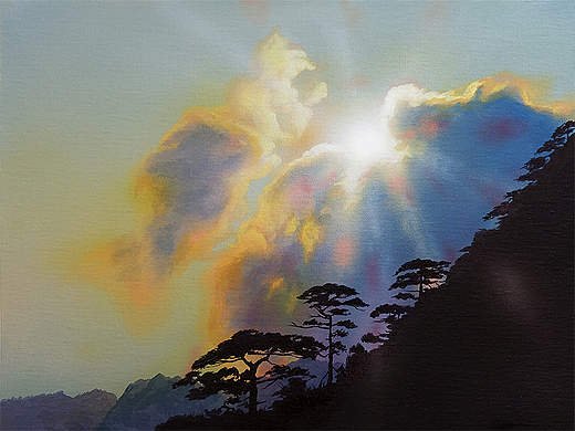 【丙烯画】黄山日落小景 