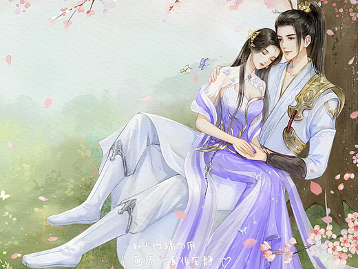 情人节主题插画，古风双人插图