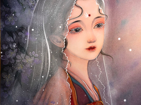 原创水彩古风插画美女