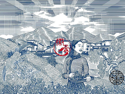 茶叶铜版画风格|徽州茶包装插画|黄山毛峰包装设计