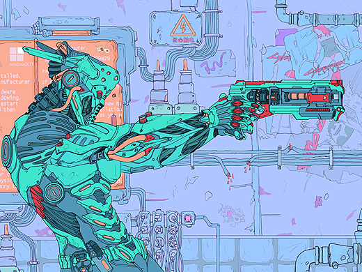 平涂上色的赛博朋克机械人