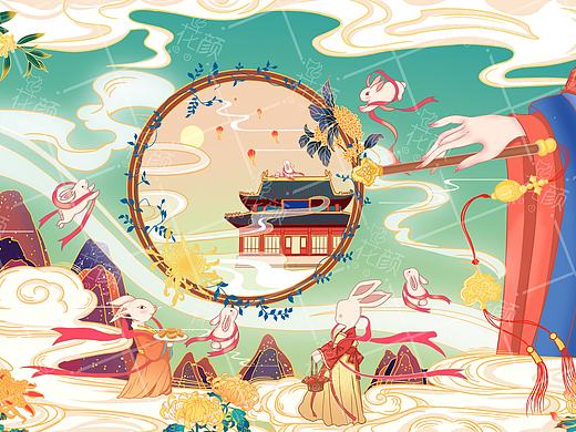中秋佳节至，国庆大假来。中秋插画包装