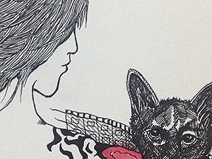 插画；女人与猫。 