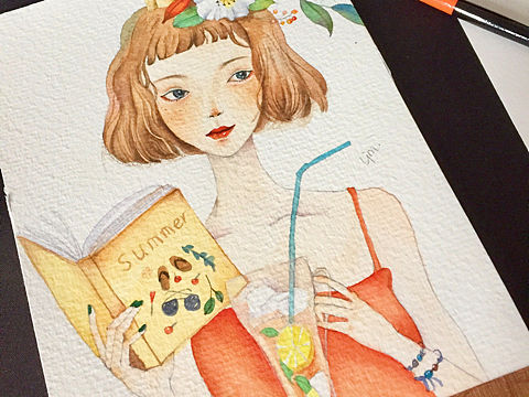 水彩插画   临摹的女孩儿