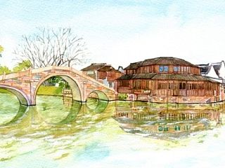 手绘城市系列——《浙江乌镇》
