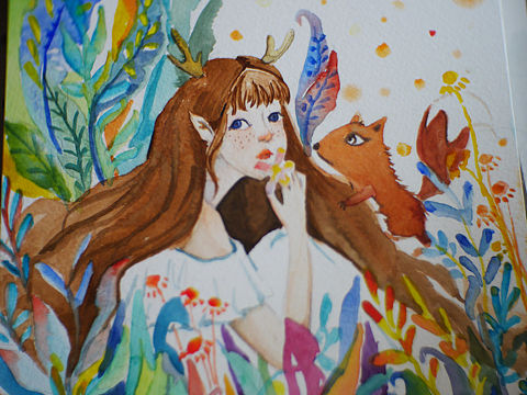 原创小清新森林姑娘水彩绘画步骤