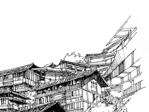江西苗寨写生手绘图