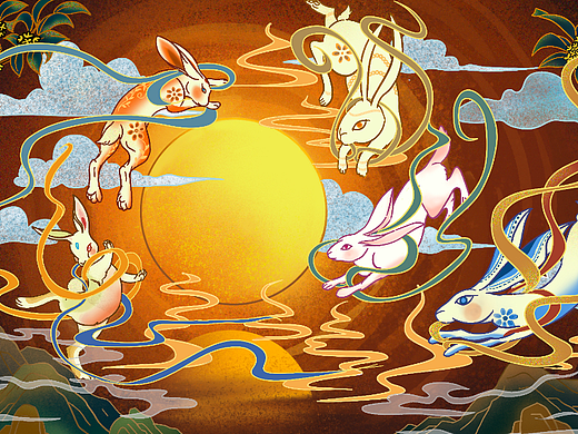 敦煌飞天兔--五兔追月（礼盒，包装插画，壁纸）