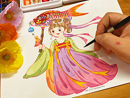 看灯会的女孩！水彩插画