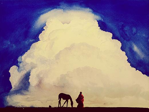 古道西風(fēng)已逝，瘦馬、沙彌、云起（個人主頁-ZMjEyOTAwNDg=） - 繪畫 - 站酷設(shè)計師承海原創(chuàng)素材 - 站酷ZCOOL