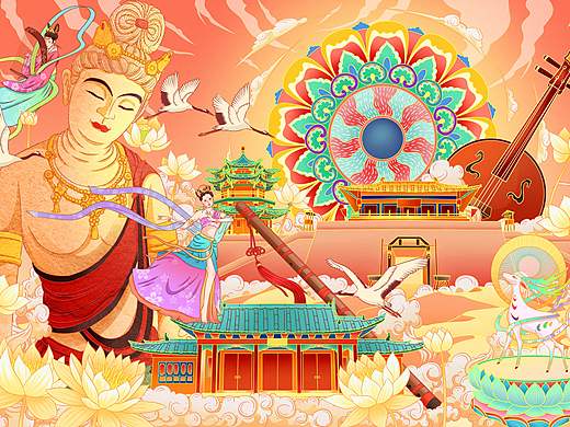 敦煌主题手绘插画