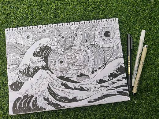 神奈川冲浪里和星空针管笔手绘