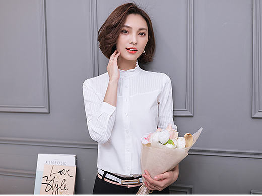 秋冬OL职业衬衫立领长袖纯棉白衬衫加绒女上衣加棉打底衬衣立领纯色拼接 抽褶