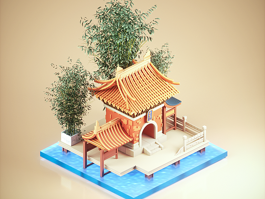 三维蜂巢行动-卡通古建