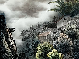 PS板繪彩墨山水作品 古村寫(xiě)韻 染塵