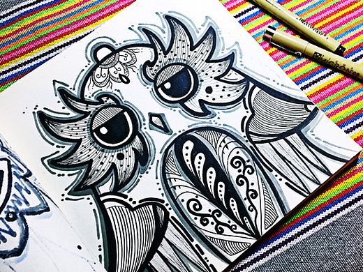 缠绕画黑白装饰画民族风线描插画猫头鹰