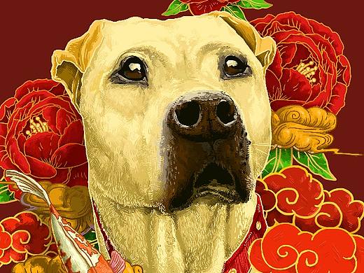 宠物市场开业海报插画部分――《旺狗游鲤》