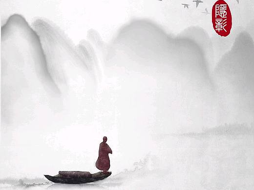 禅意水墨风小船僧侣远山飞鸟插画
