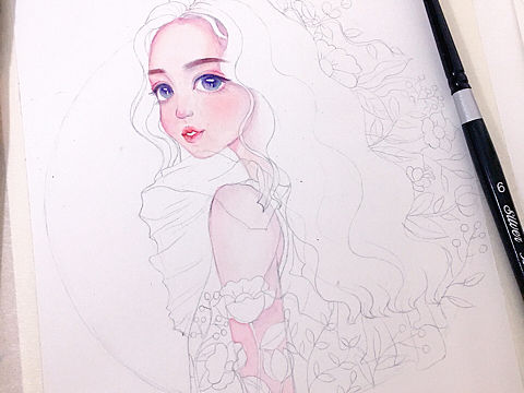 水彩少女插画