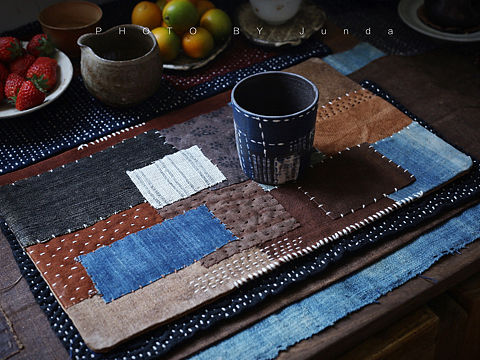 柿染蓝染拼布茶席2