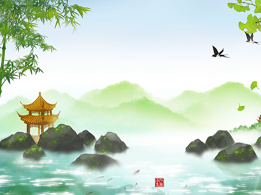 春天山水画中国风插画