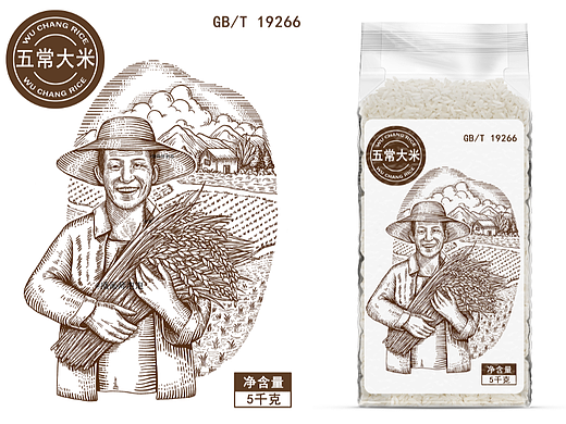 东北五常大米包装插画设计|铜版画