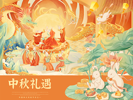 中秋节国潮插画-中秋月饼礼盒