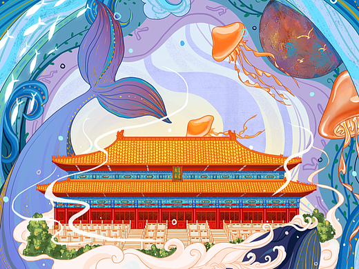 新国风古建筑太庙蓝鲸游插画
