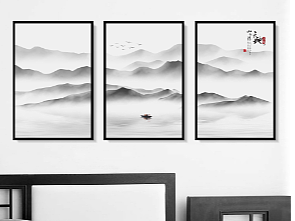 意境水墨山水新中式装饰画三联画