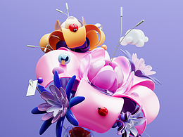 八月的3D练习，创意花瓣场景和酒瓶渲染
