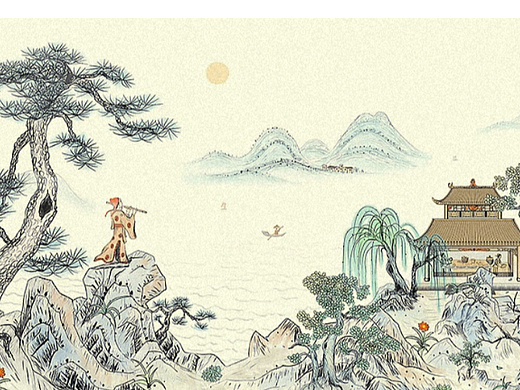 精细的工笔山水画插画