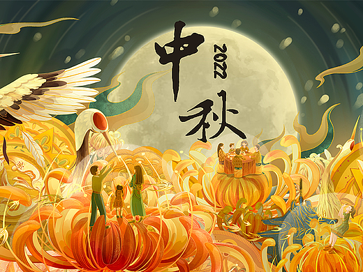 中秋节装饰性国潮风包装插画|秋情寄鹤
