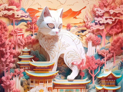 Midjourney热门的中国风剪纸创作丨中国临清狮子猫