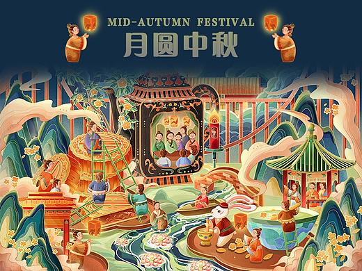 中秋插画|月圆中秋|中秋梦园