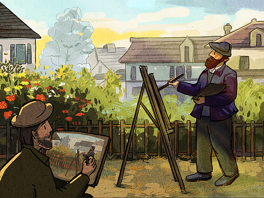 在维吉妮家中庭院作画的莫奈