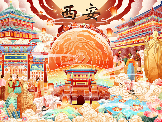 国潮插画城市印象-西安