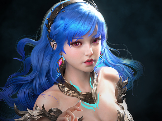 高精度模型海报-蓝发少女，渲染酷似原画的建模