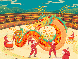 国潮插画《客家舞火龙》