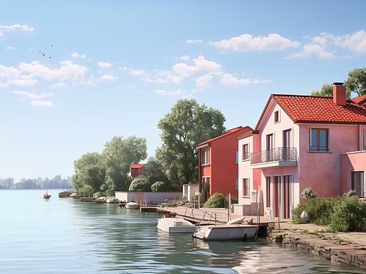 超写实水景河边房屋